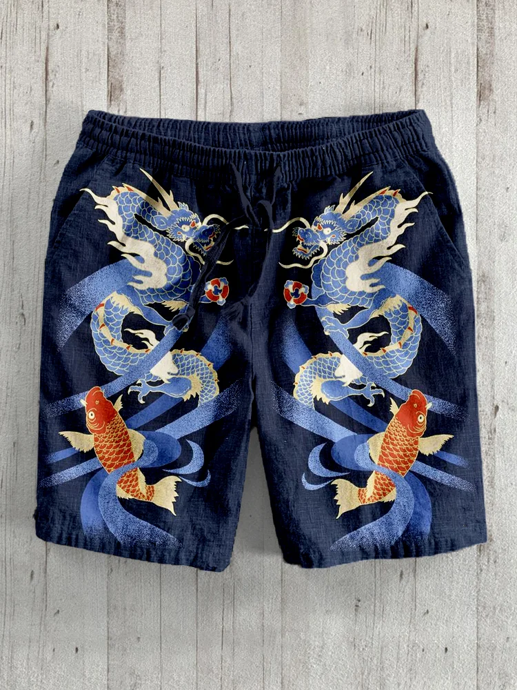 Comstylish Dragon & Koi Japanese Art Linen Blend Shorts