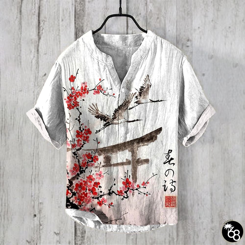 Japanese Art Plum Blossoms and Cranes Return Print Henley Collar Shirt | 168DEAL