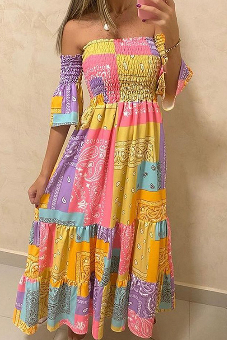 Fashion Print Split Joint Off The Shoulder Waist Skirt Dresses - Life is Beautiful for You - SheChoic