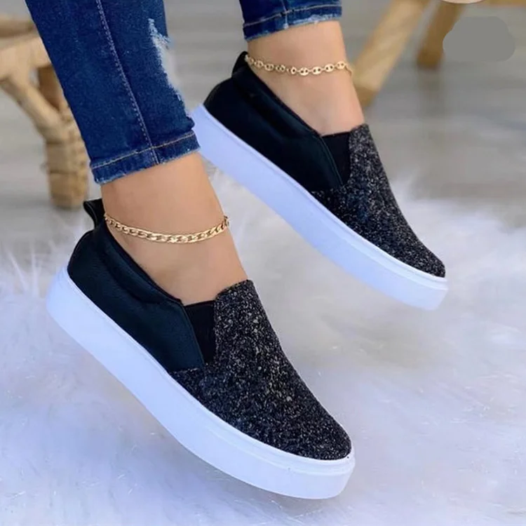 Casual Black Sparkly Sequin Thick Bottom Loafers Shoes