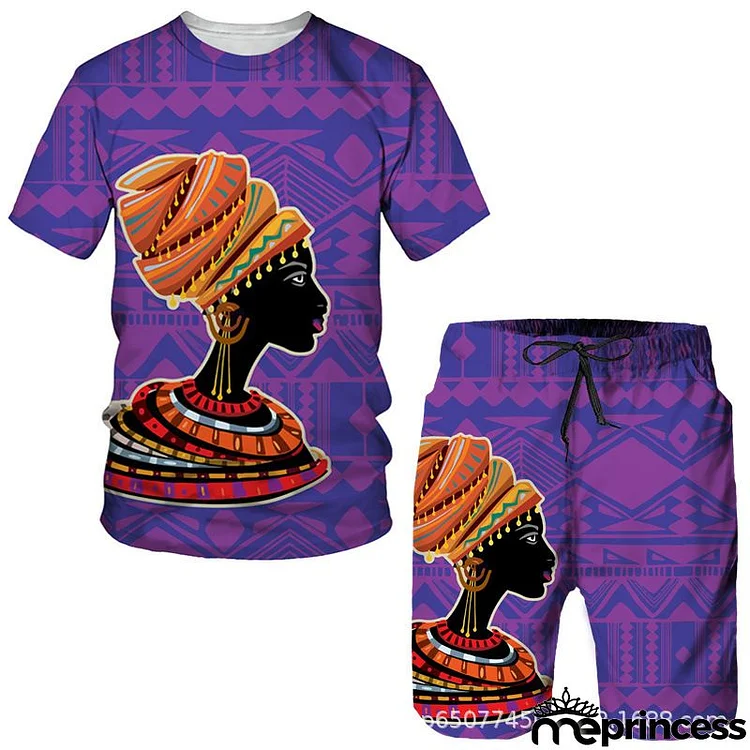 Men Fashion Plus Size Round Neck Short Sleeve Printed T-Shirt And Shorts Two-Piece Set