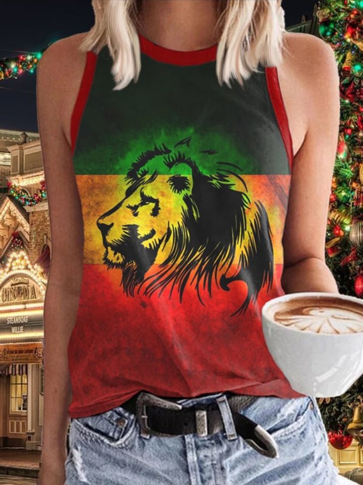 Reggae Lion Print Crew Neck Sleeveless Tank Top