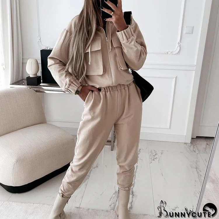 Women's Fashion Cargo Jacket Lace-Up Casual Sports Two Piece Set