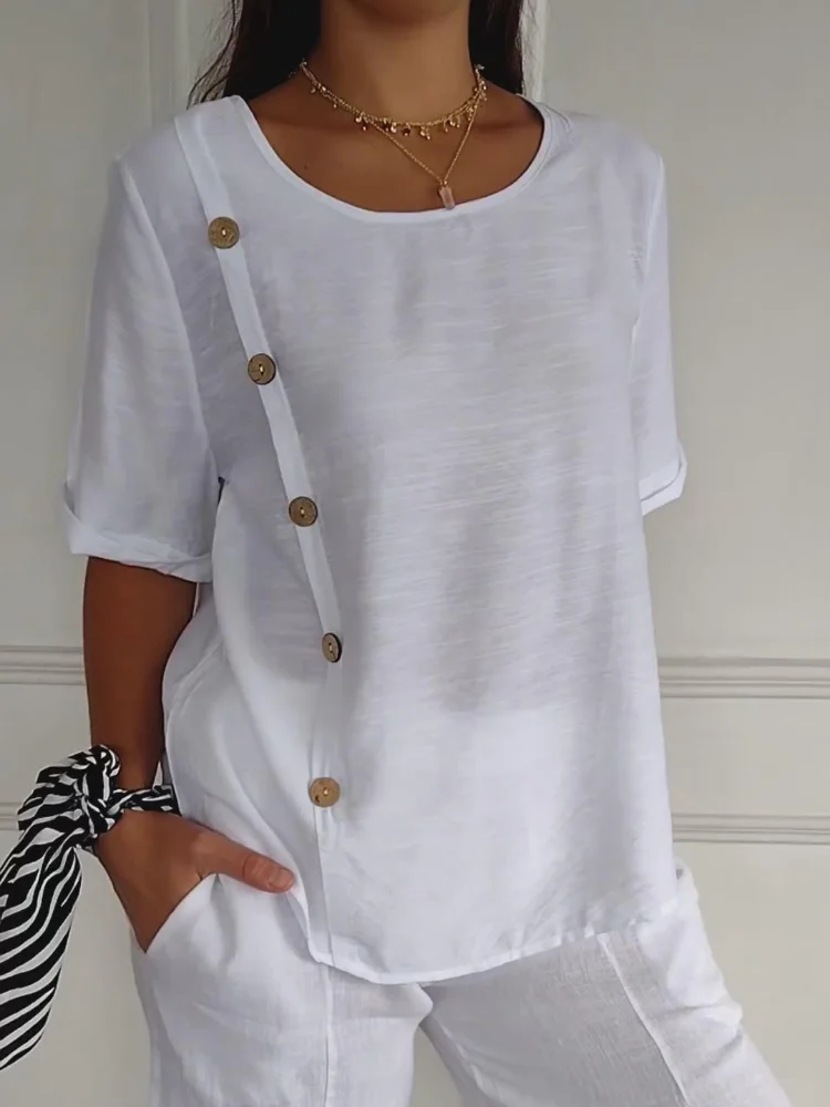 Round Neck Button Casual Tunic Top
