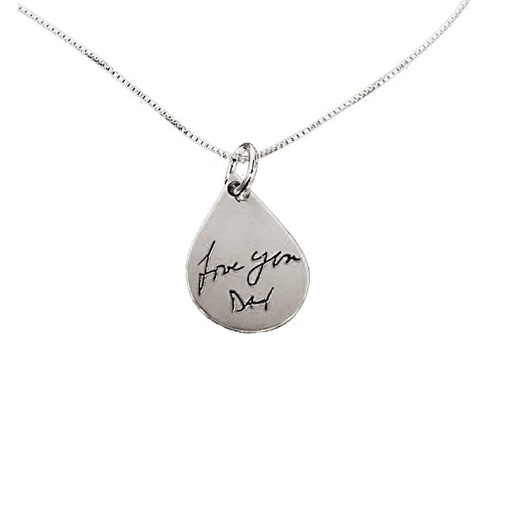 Deep Engraved Signature Handwritten Engraved Tear Drop Necklace