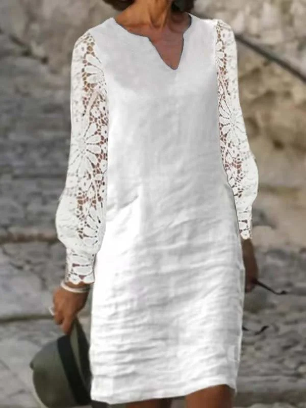 Lace Cotton Linen Long Sleeve Solid Color Casual Dress