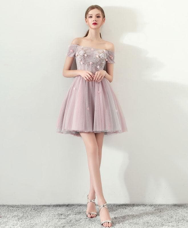 Cute Tulle Off Shoulder Short Prom Dress, Bean Powder Homecoming Dress
