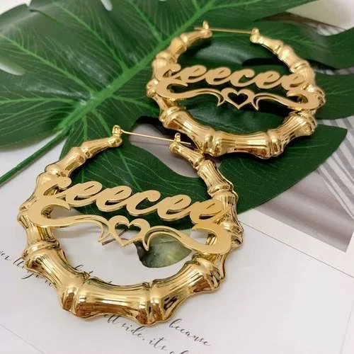 Personalized Bamboo Hoop Name Earrings with Heart