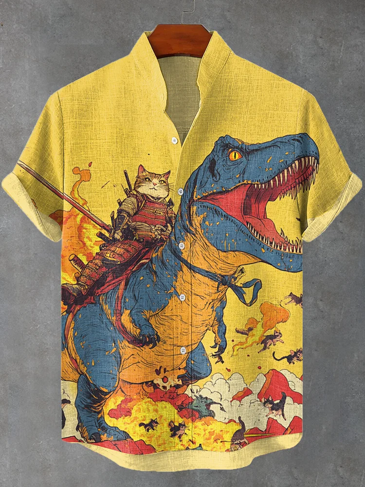 Men's Cat And Dinosaur Fighting Together Art Print Casual Shirt