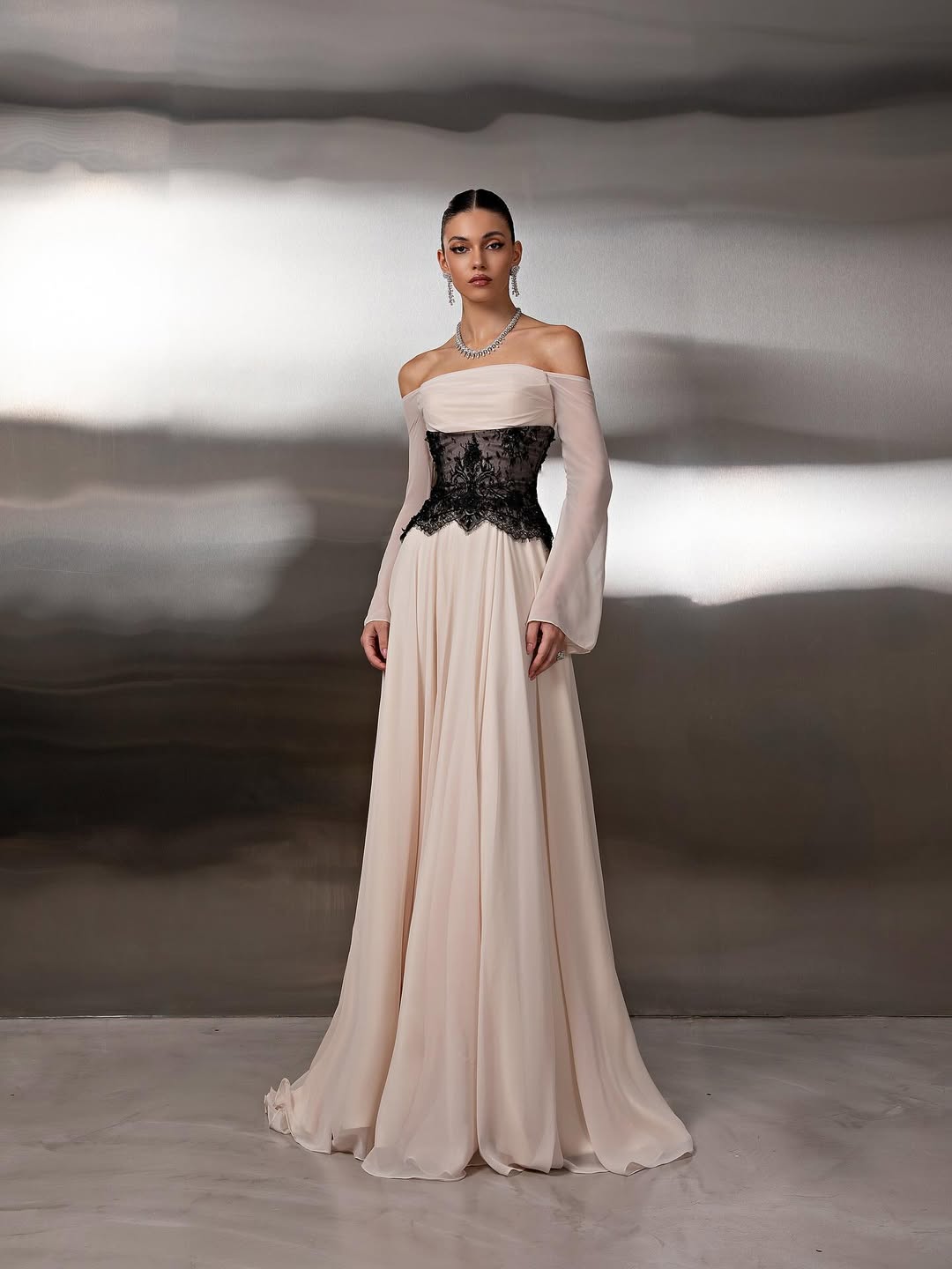 Minimalist Off-The-Shoulder Long Sleeves Pleated Lace Prom Dress YK0513