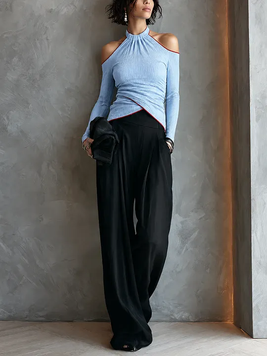 Women's Pleated Casual Halter Wide-Leg Pants Set MD