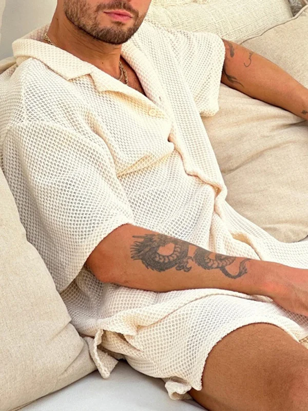 Men's Casual Hollow Out Knit Lapel Collar Short Sleeve Shirt Shorts Matching Set