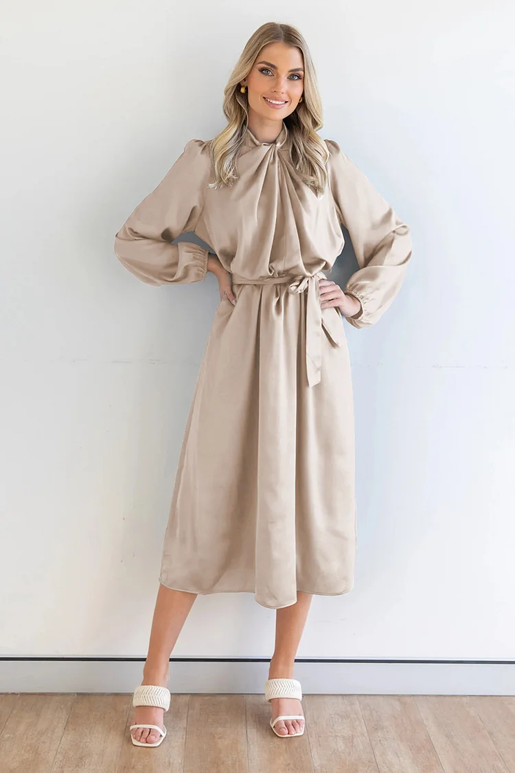 Ruched Knotted Long Sleeve Satin Midi Dresses