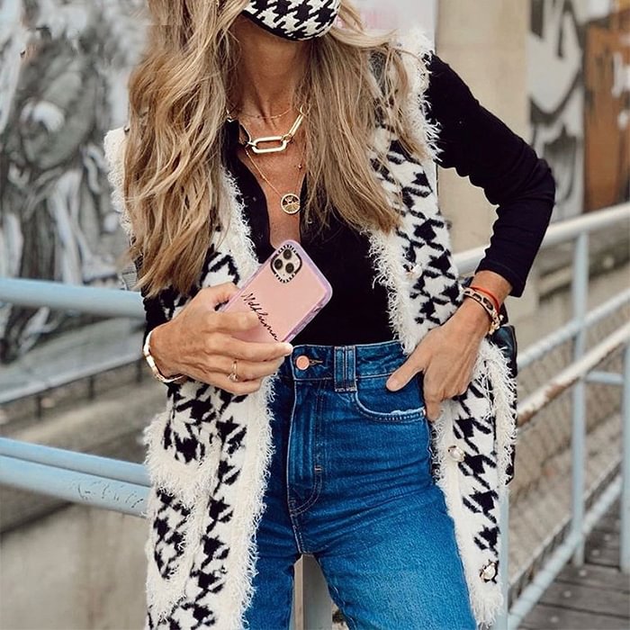Comstylish Ladies Fashion Waistcoat Long Plaid Cardigan
