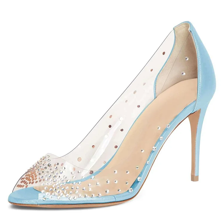 Transparent and Blue Crystal-Embellished Stiletto Heels Vdcoo