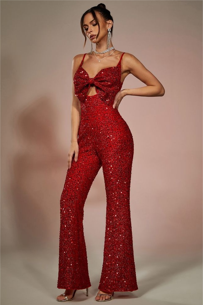 Daisda Stunning Red Spaghetti Strap Sleeveless Waist Slimming Wid-Leg Beaded Long Jumpsuit with Bowknot