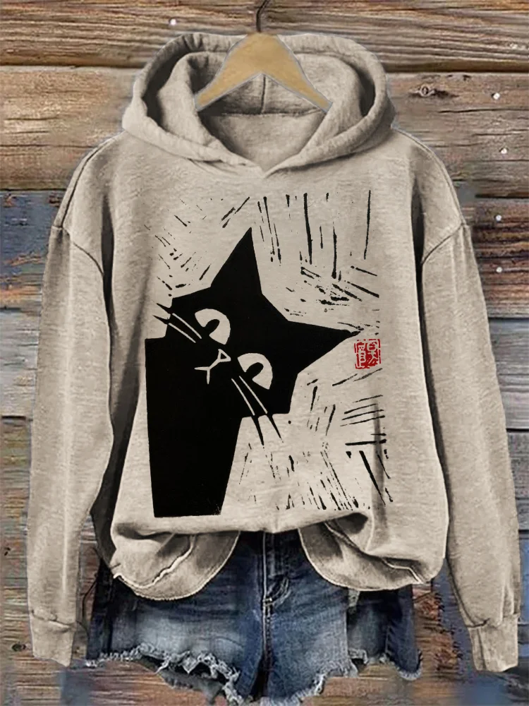 Comstylish Peeking Black Cat Japanese Lino Art Hoodie