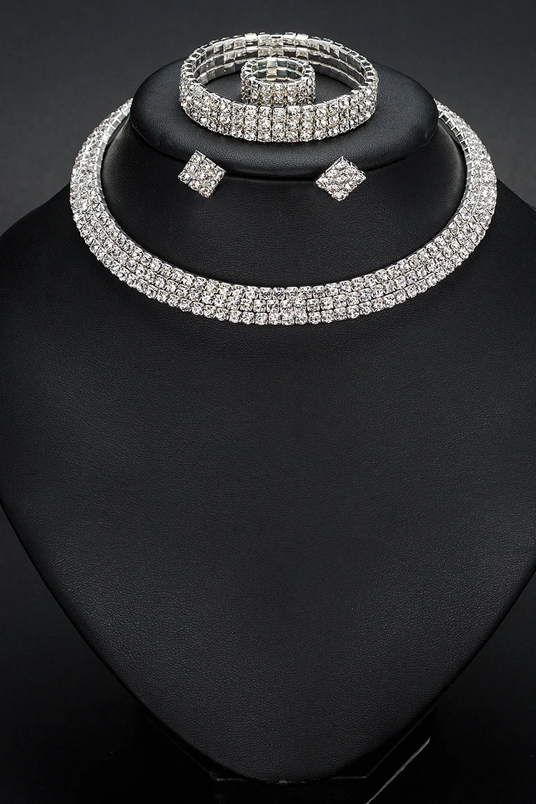 Sparkling Rhinestone Necklace Bracelet Ring Stud Earrings Four-Piece Set-Silver1
