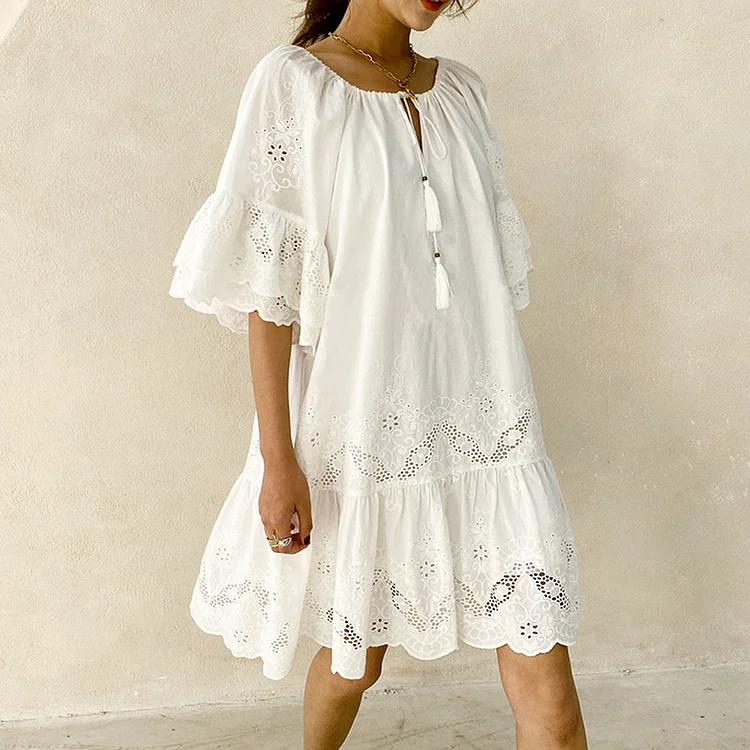 Women's summer short skirts, temperament commuting pure cotton loose white lace commuting pullover dress_ ecoleips_old