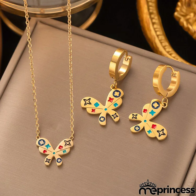 Women Fashion Colored Drawing Butterfly Hoop Earrings Necklace Jewelry Set