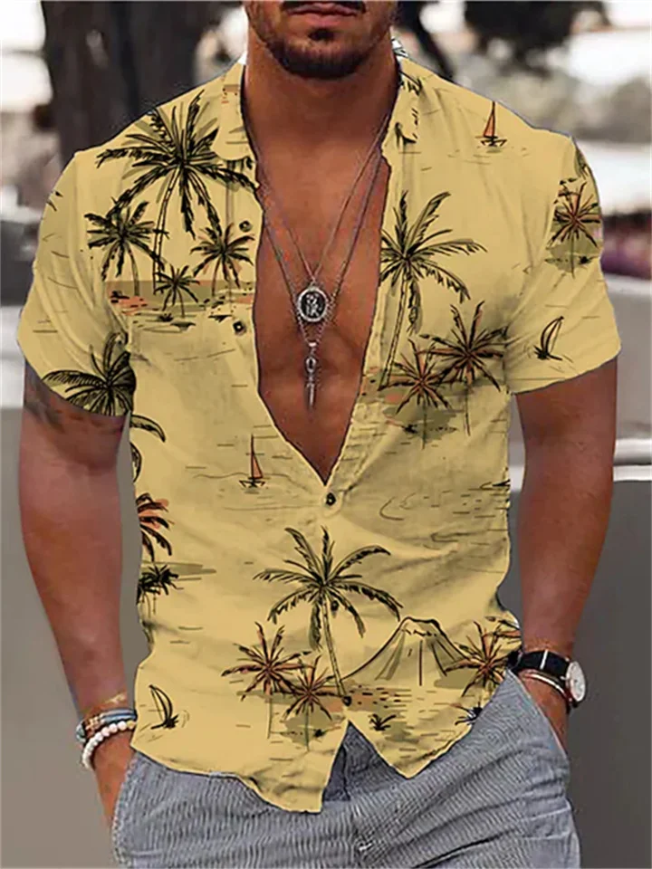 Men's Shirt Summer Hawaiian Shirt Graphic Shirt Aloha Shirt Coconut Tree Turndown Light Yellow Green Blue Purple Yellow Print Outdoor Street Short Sleeve Button-Down Print Clothing Apparel Fashion-JRSEE