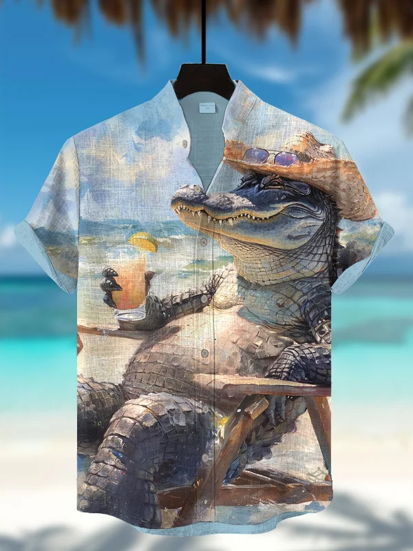 Men's A Crocodile Sunbathing By The Seaside Oil Painting Art Print Short Sleeve Shirt