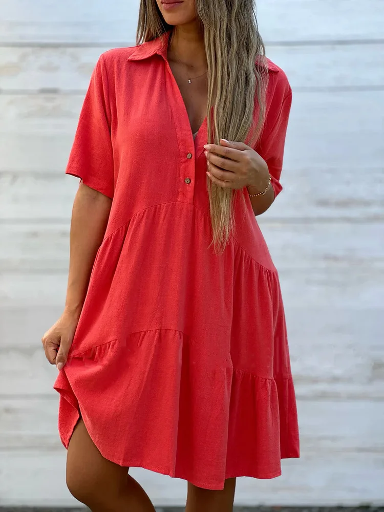 Loose Skirt Solid Color Polo Collar Casual Short Sleeve Cotton and Linen Dress