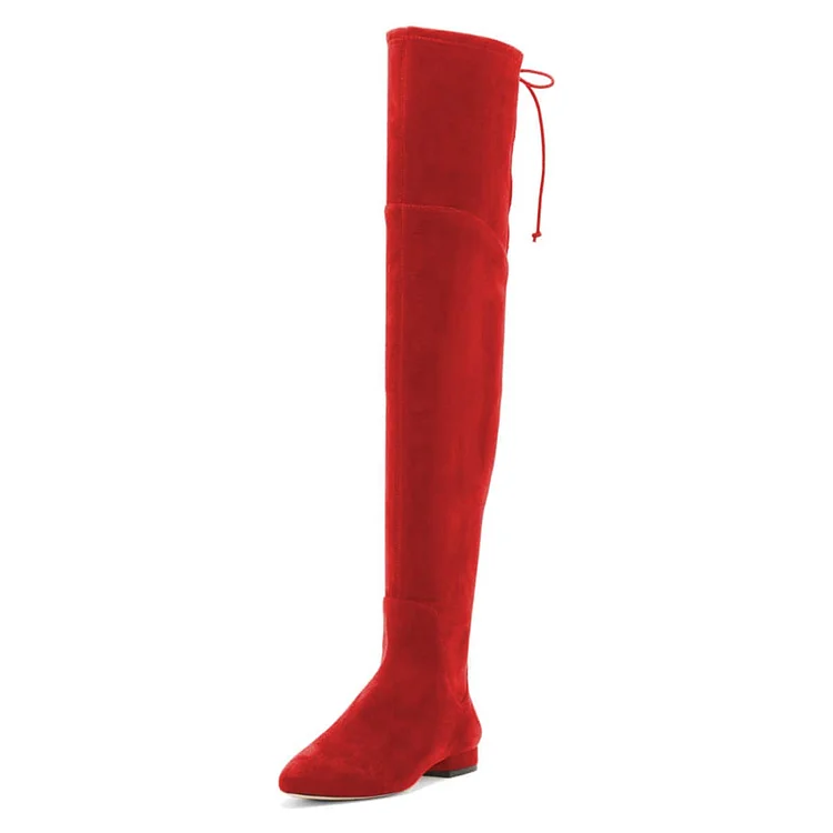 Women'S Red Pointy Zipper Boot Classic Vegan Suede Block Heel Shoes Thigh High Lace Up Boots |FSJ Shoes