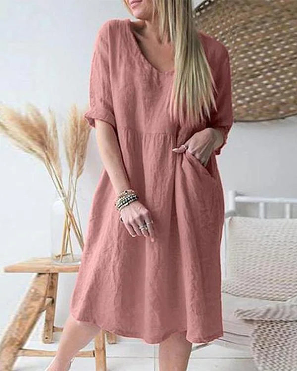 Plus Size Solid Pleated V-neck Half Sleeve Vintage Loose Midi Dress