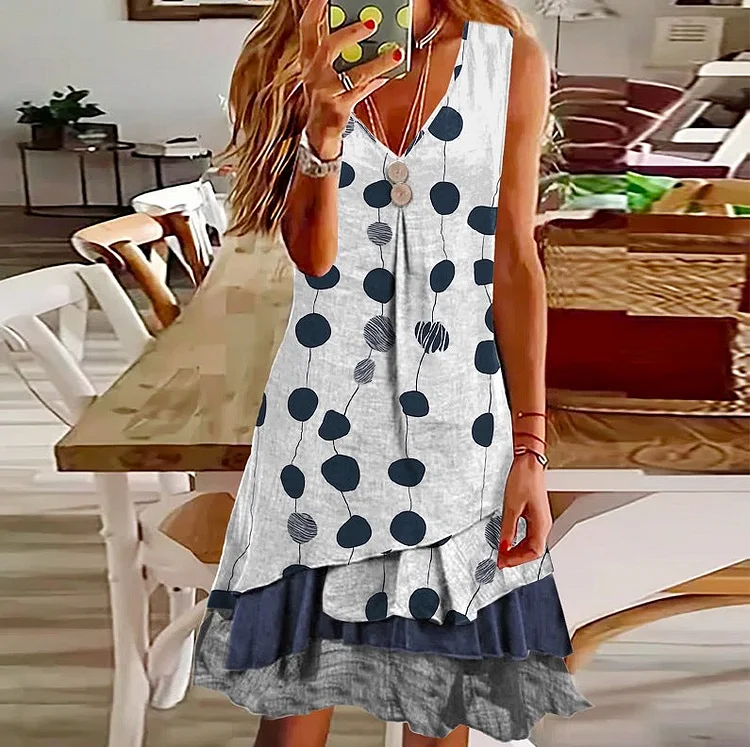 Polka Dot V-Neck Short Sleeve Fake Two Piece Swing Dress socialshop