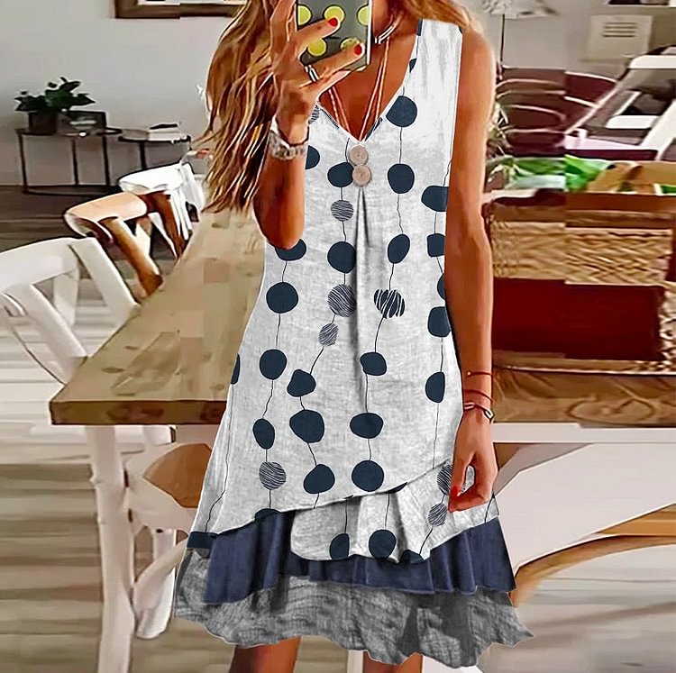 Polka Dot V-Neck Short Sleeve Fake Two Piece Swing Dress socialshop