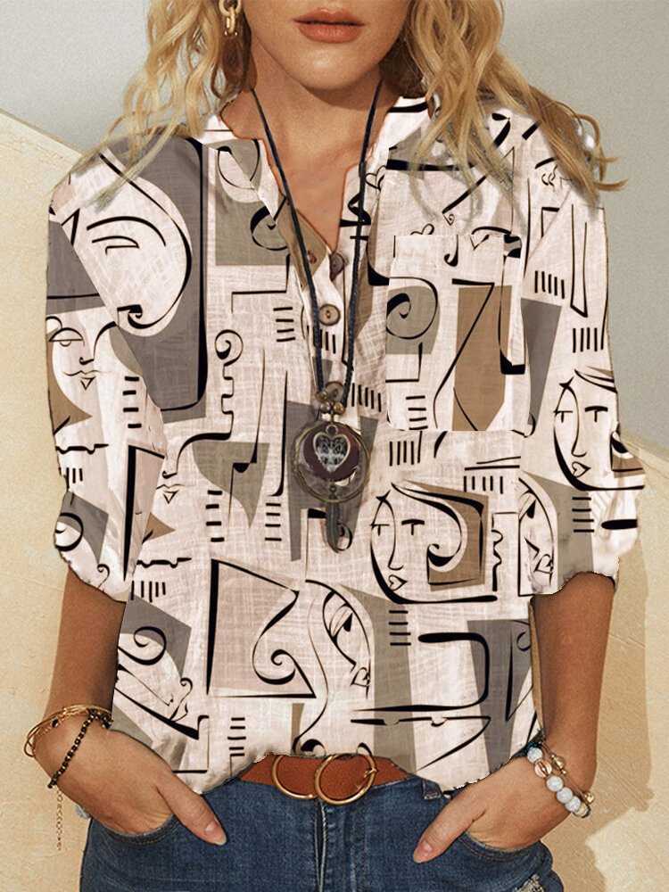 Graffiti Abstract Print V neck Long Sleeve Shirt For Women P1822173