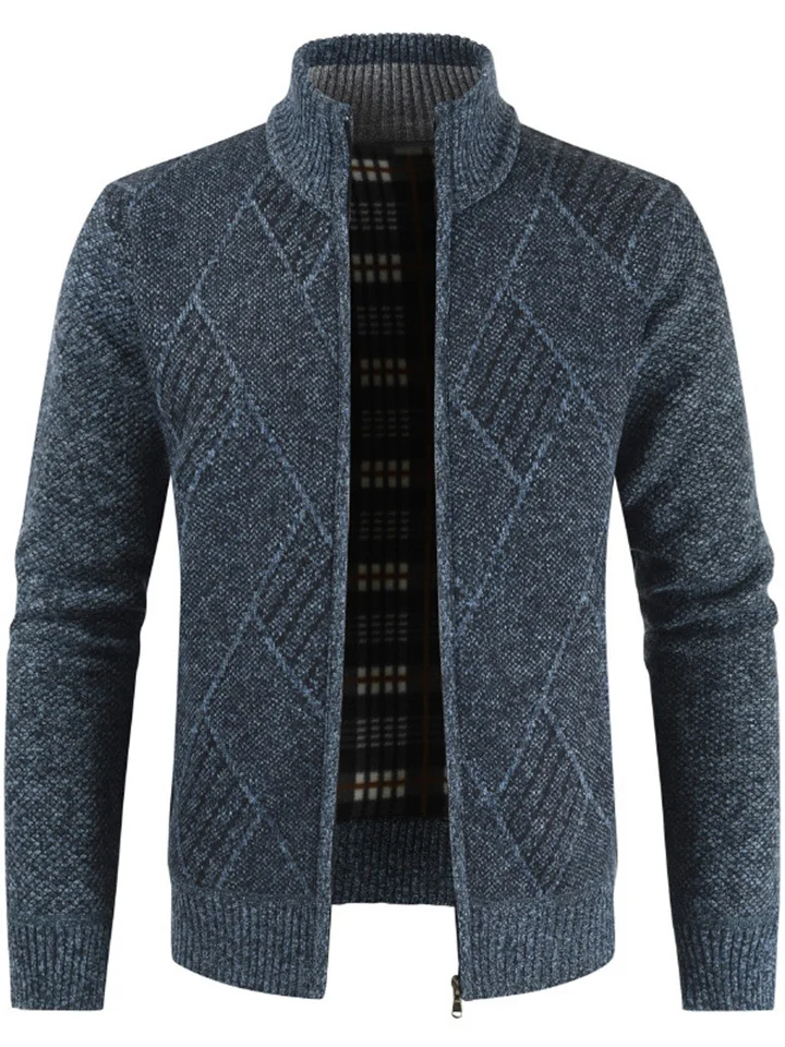 Men's Sweater Cardigan Sweater Zip Sweater Sweater Jacket Fleece Sweater Ribbed Knit Zipper Geometric Stand Collar Casual Daily Clothing Apparel Winter Fall Blue Light Grey XS S M-Cosfine