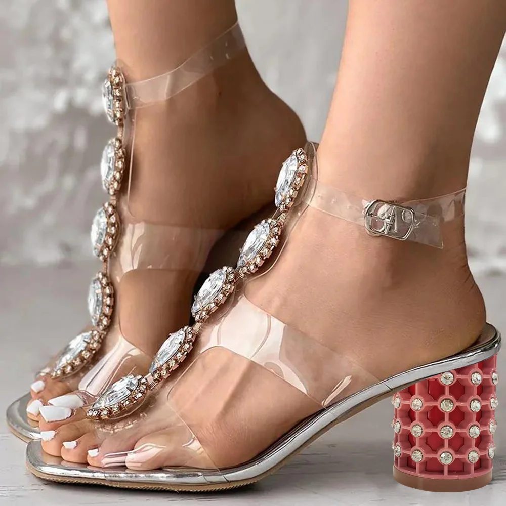 Sliver Opened Toe Rhinestone Clear T-Strappy Sandals With Decorative heels Nicepairs