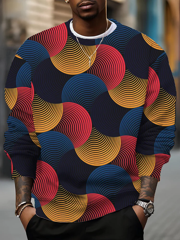 Men's Geometric Lines Combined Fan-Shaped Pattern Print Casual Sweatshirt