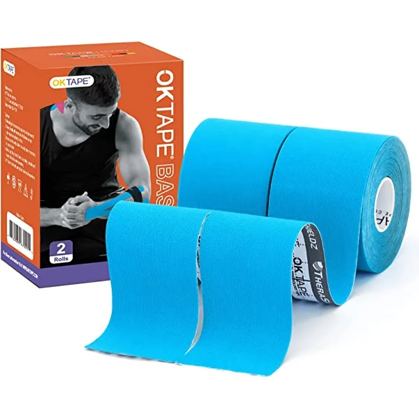 OK TAPE Kinesiology Tape, Basic Original Cotton Elastic Athletic Tape for Support and Recovery, Sports Tape Therapeutic Pain Relief, 2in×16.4ft Uncut Roll blue 2 rolls