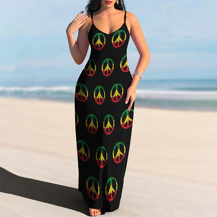 Vefave Rasta Peace Logo Print Slip Maxi Dress
