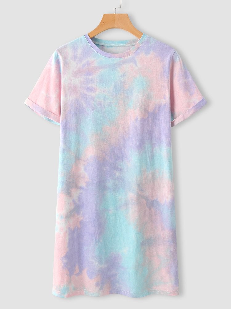 Tie Dye Cotton Short Sleeve Crew Neck T-shirt Dress For Women