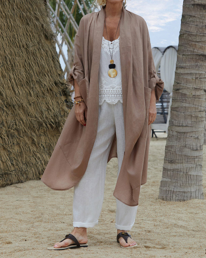 Long Sleeve Sdie Pockets Solid Color Casual Loose Cardigan