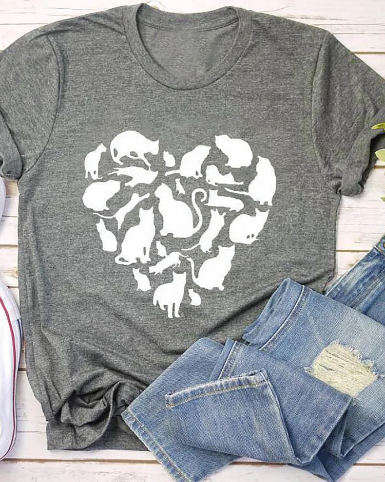 Valentines Day Heart Cat Print T-shirt P16157
