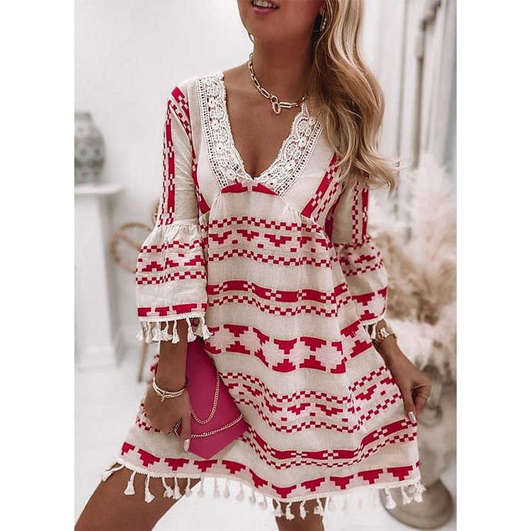 V Neck Geometric Print Bell Sleeve Lace Dress socialshop