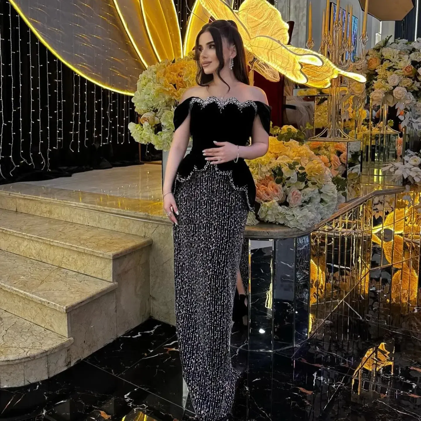 Daisda Black Satin Off-The-Shoulder High Waist Long Mermaid Sleeveless Prom Dress With Rhinstone And Sequins