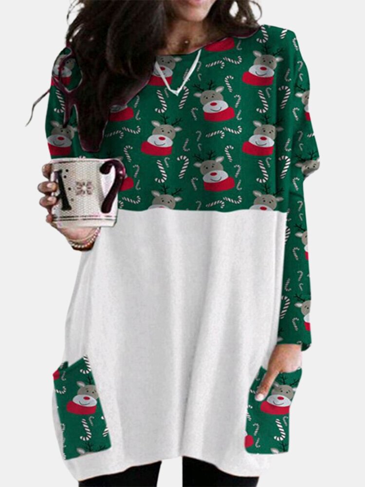 Christmas Print Patchwork Pocket Long Sleeve Casual Blouse For Women P1763331