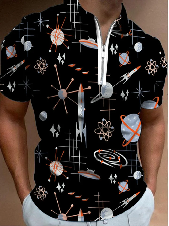 Men's Polo Shirt Rocket Planet Pattern Print Short Sleeve Summer Casual-Cosfine