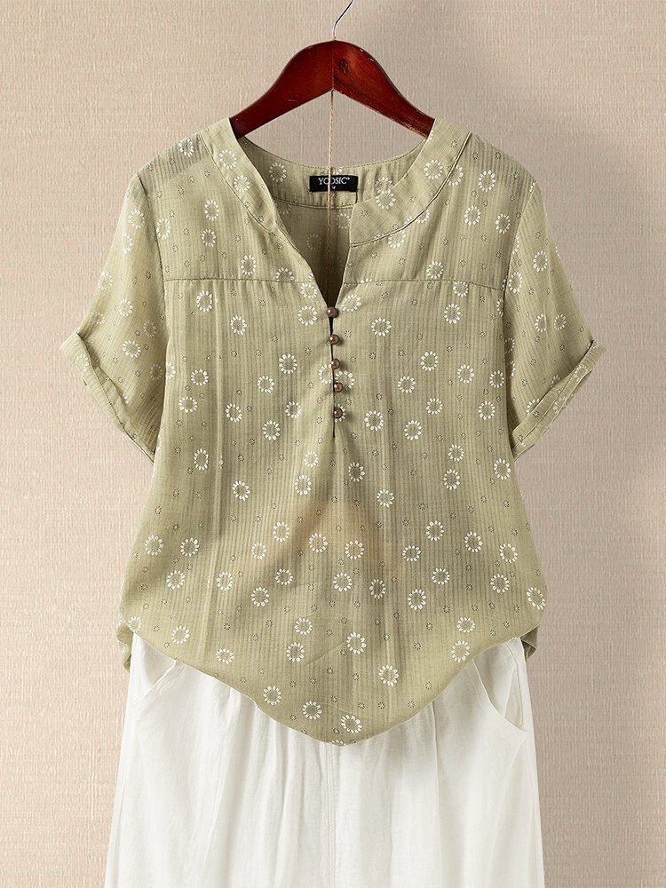 Floral Print Short Sleeve V neck Button Casual T Shirt P1691552