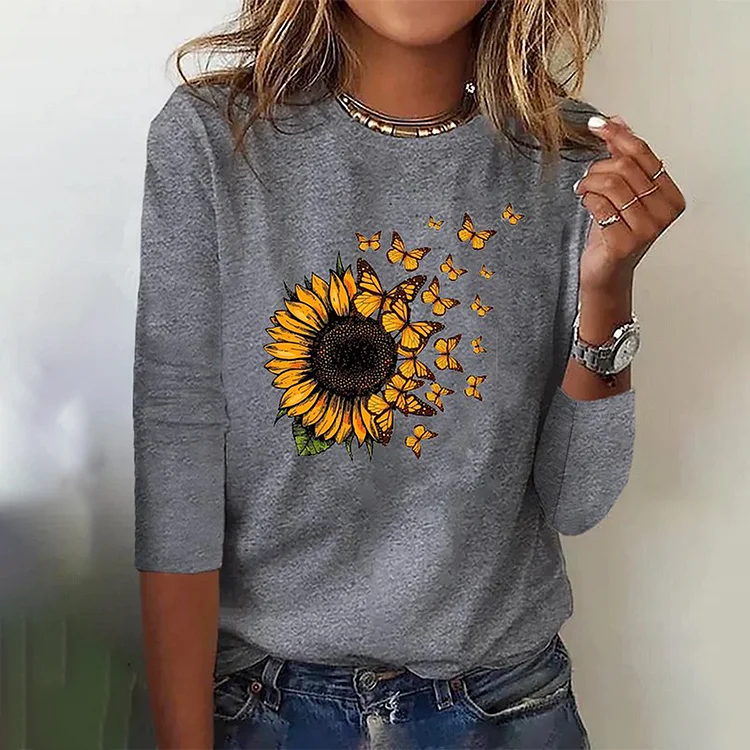 Vefave Casual Daily Sunflower Print Round Neck T-Shirt
