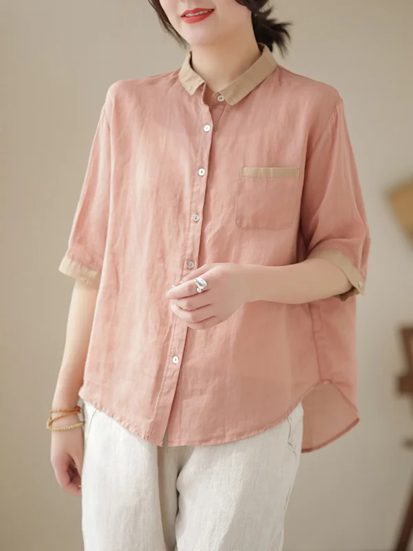 Roomy Short Sleeves Contrast Color See-Through Split-Joint Lapel Blouses