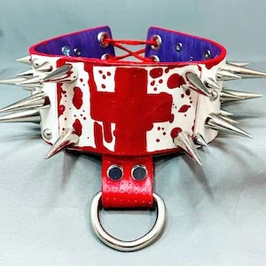 pornhint Pornhint OOAK Bloody Nurse Collar - Spiked Medical BDSM Choker - Red Cross Fetish Collar -Halloween Costume - Sexy Nurse - Horror - Medium 12" - 15"