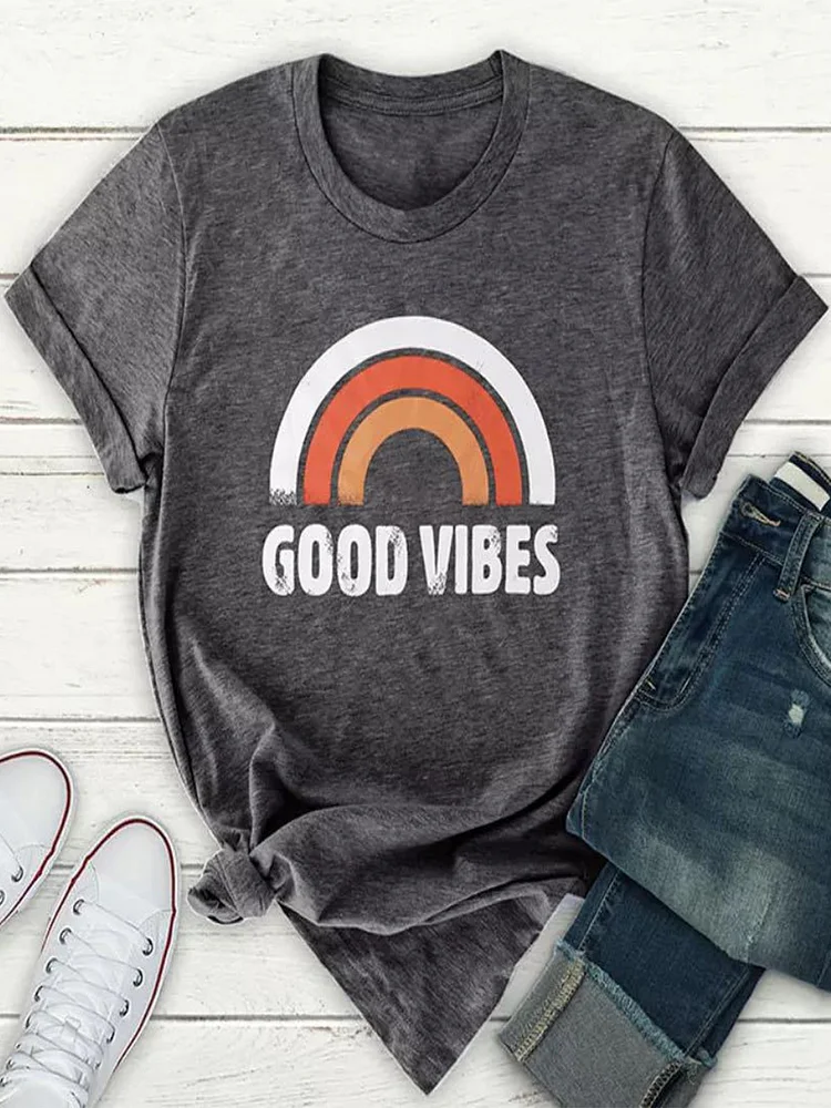 Bestdealfriday Vintage Short Sleeve Rainbow Good Vibes Letter Printed Plus Size Casual Tops