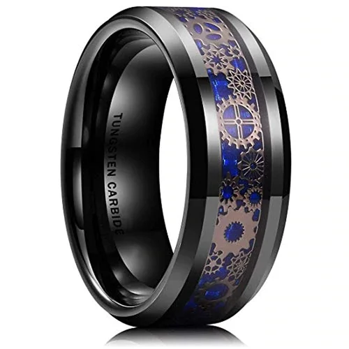 Women's or Men's Tungsten Carbide Wedding Band Watches Gear Rings,Black With Rose Gold Watch Gear Resin Inlay Design Over Blue Carbon Fiber Tungsten Ring With Mens And Womens Rings For 4MM 6MM 8MM 10MM
